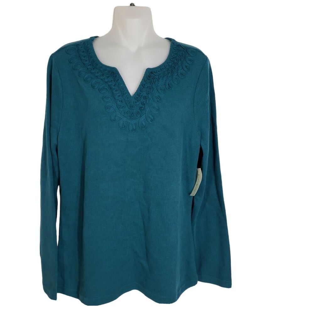 Studio Works Womens Sweater Medium Green Ribbed V Neck Long Sleeve Ribbon Detail